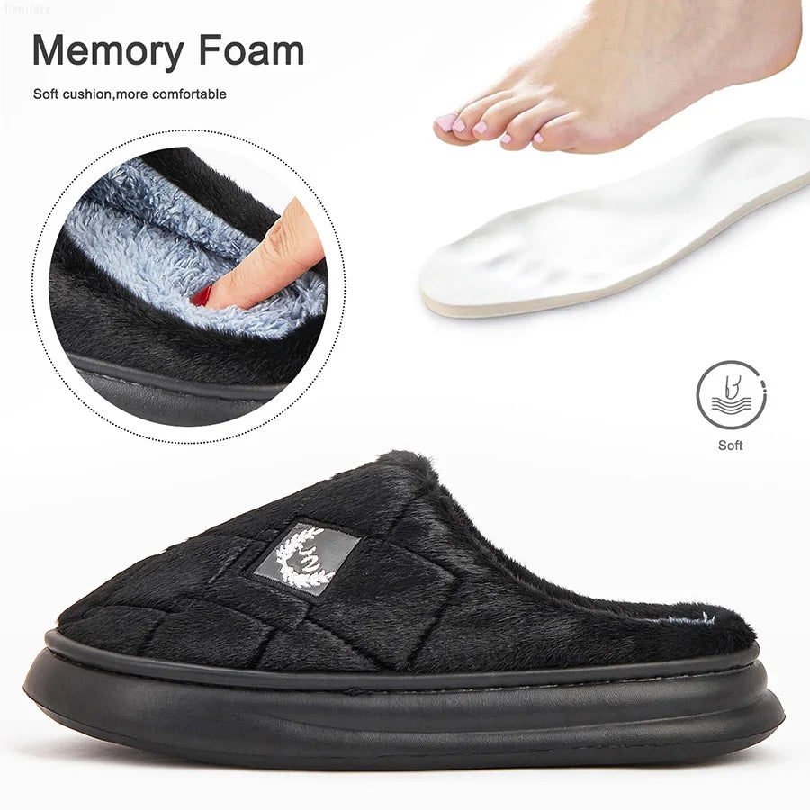 Men's House Slippers Furry Plaid cozy EVA Memory Foam Lightweight Casual Shoes Winter Warm Plush Non-slip Slippers big size