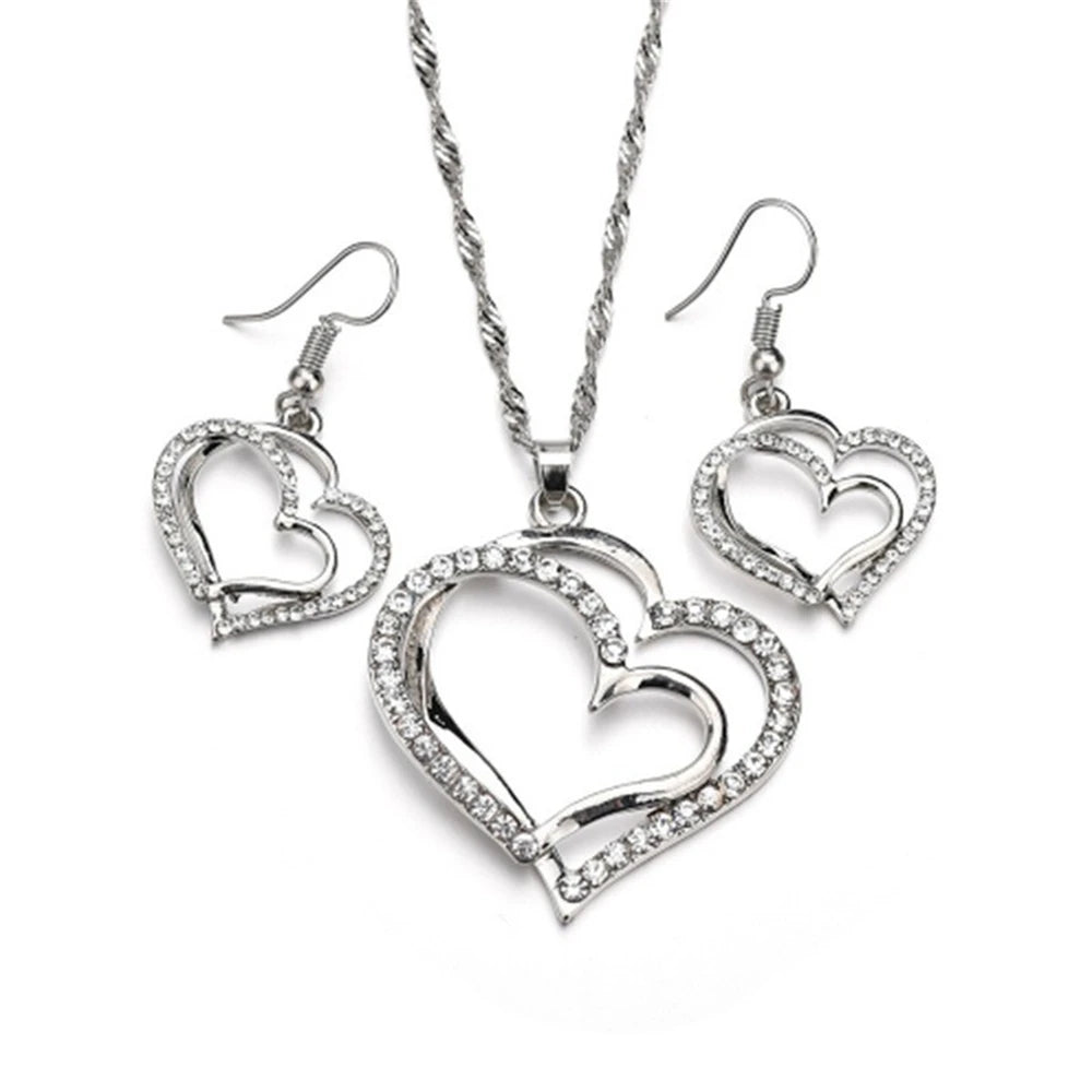 Exquisite Double Heart Necklace Earrings Bracelet Jewelry Set Charm Ladies Jewelry Fashion Bridal Accessory Set Romantic Gifts