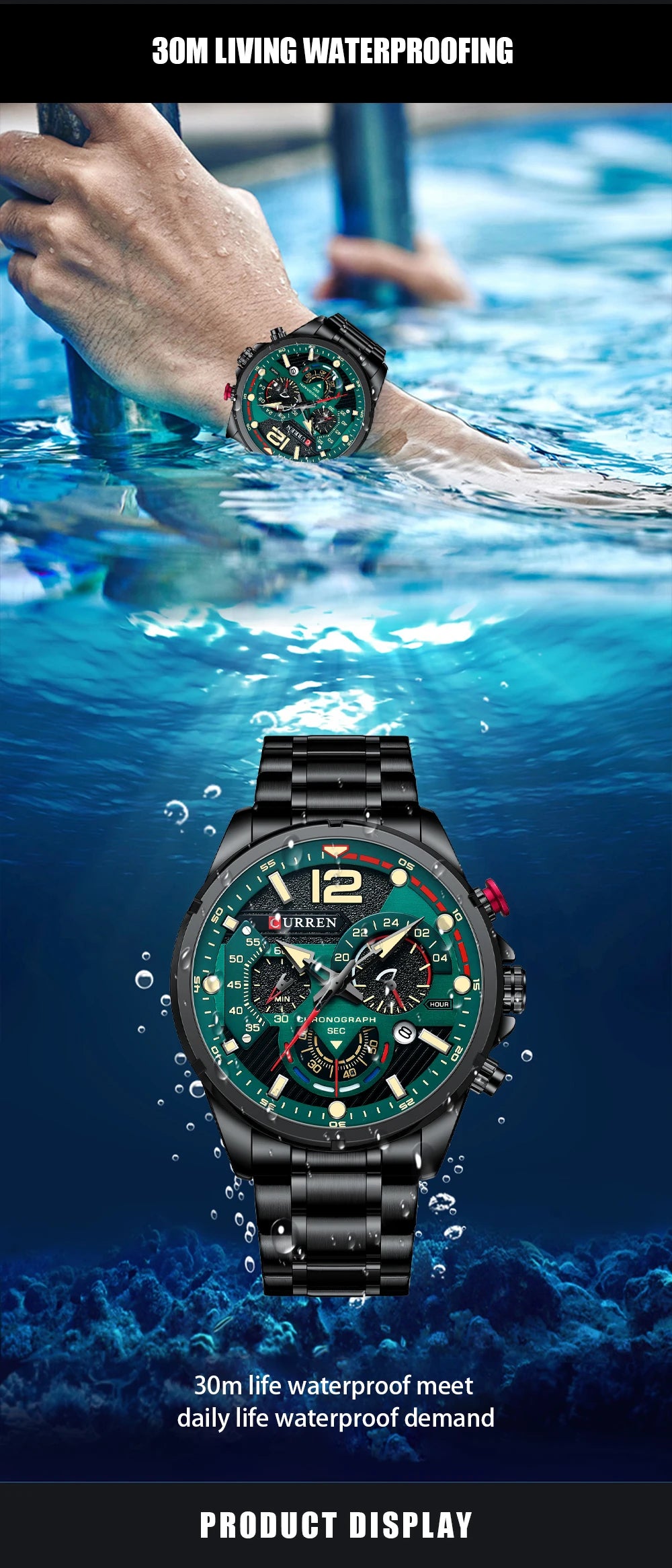 CURREN New Green Mens Watches Top Brand Luxury Stainless Steel Quartz Watch Men Sport Date Male Clock Waterproof Wristwatch