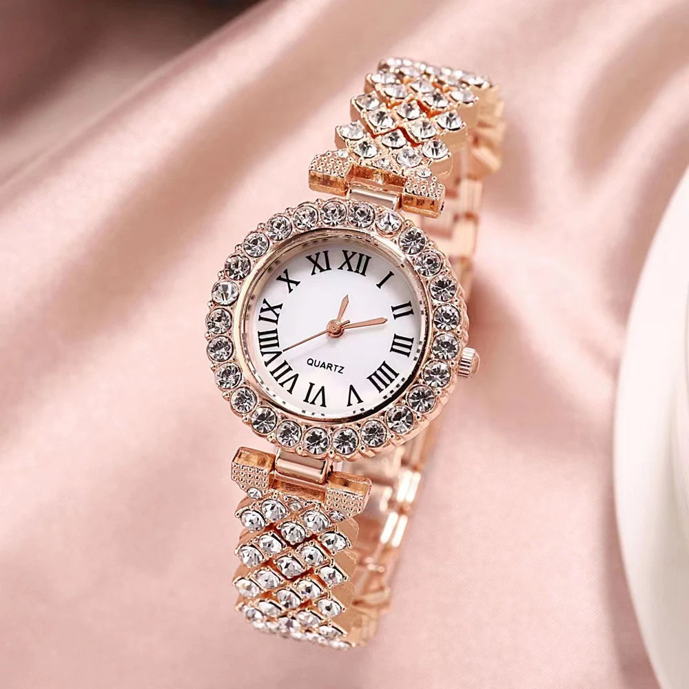 Luxury Rhinestone Watch Fashion Women Quartz Watches With Crystal Snowflake Jewelry Set Earrings Necklace Female Clock With Box