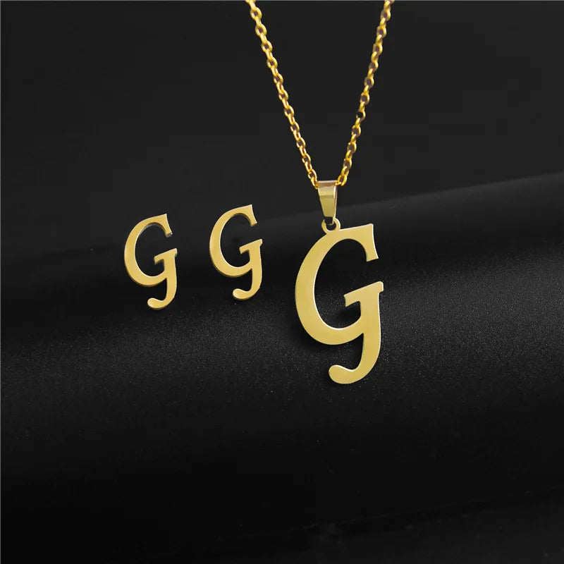 A-Z 26 charm Initial Necklace And Stud Earrings Jewelry Sets Alphabet Pendant Chain Letter mom Gifts Drop Shipping