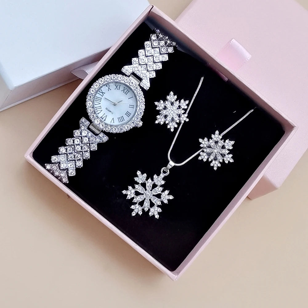 Luxury Rhinestone Watch Fashion Women Quartz Watches With Crystal Snowflake Jewelry Set Earrings Necklace Female Clock With Box