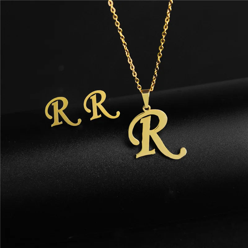 A-Z 26 charm Initial Necklace And Stud Earrings Jewelry Sets Alphabet Pendant Chain Letter mom Gifts Drop Shipping