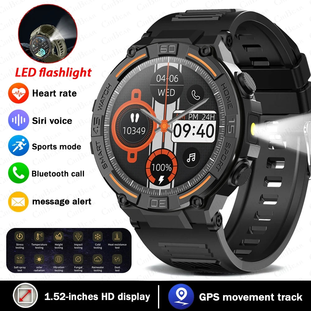 Smartwatch Military Men 360*360 HD Screen Flashlight Health Monitoring Waterproof Heart Rate BT Call Smart Watch For Android IOS