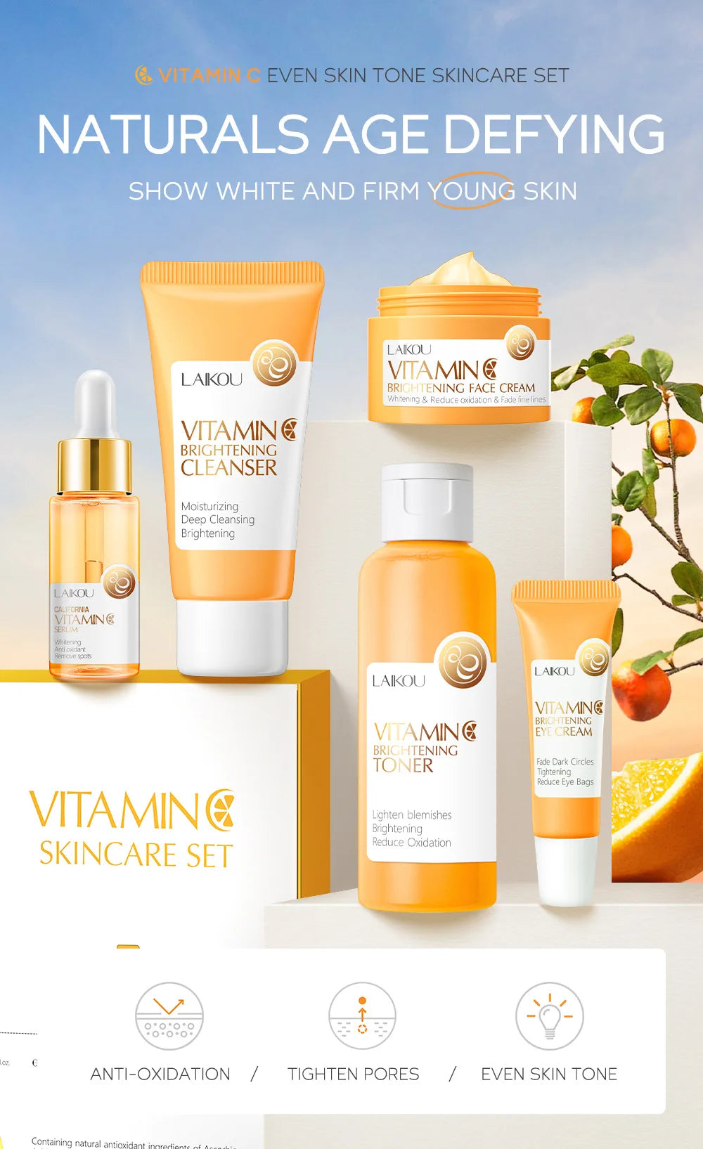 Vitamin C Skin Care Set - 5-Piece Travel Size Kit for Gentle Skin Cleaning - Cleanser, Toner, Serum, Eye Cream and Face Cream