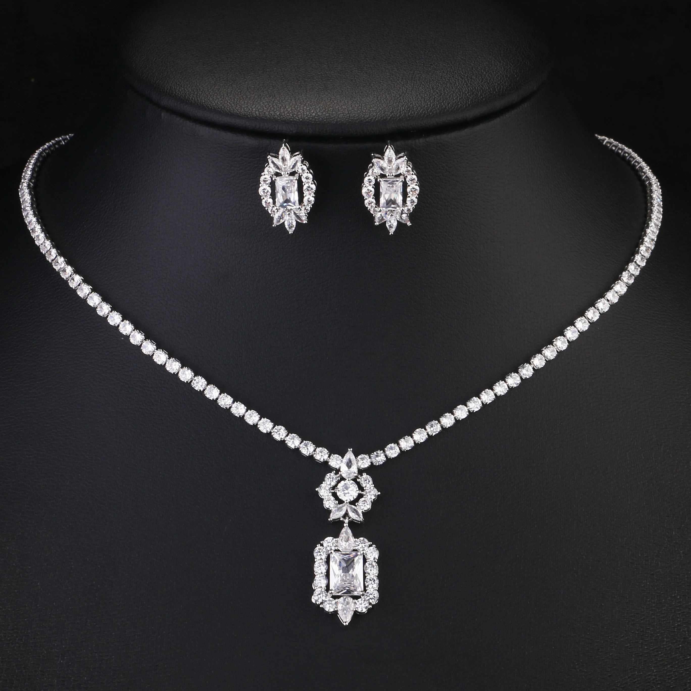 ZAKOL Luxury Geometric Water Drop Big Zircon Wedding Jewelry Set for Women Shiny Full Crystal CZ Earring Necklace 2 Pcs Sets