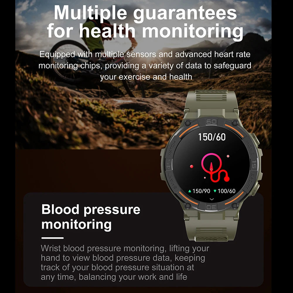 Smartwatch Military Men 360*360 HD Screen Flashlight Health Monitoring Waterproof Heart Rate BT Call Smart Watch For Android IOS