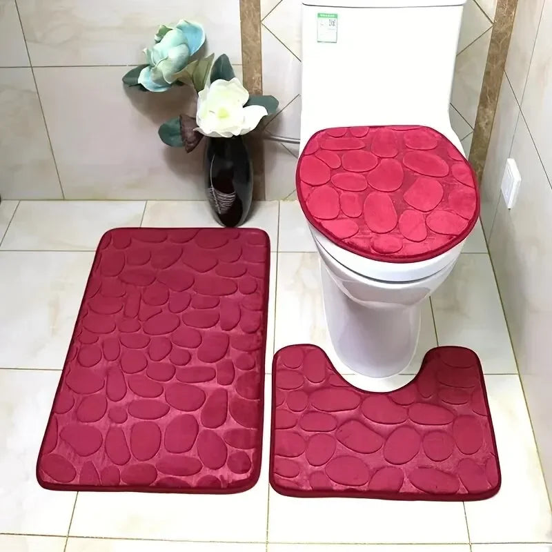 Toilet Seat Cover 3Pcs Set Bath Mat Shower Room Floor Rug Home Bathroom Anti-Slip Absorbent Doormat Pebbles Bathtub Decor Carpet