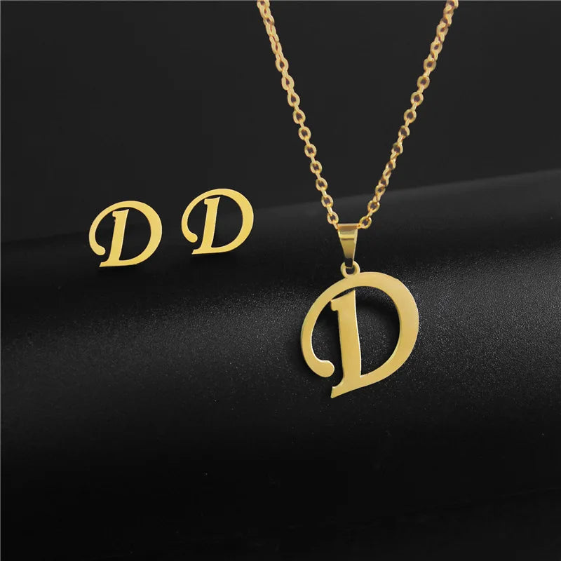 A-Z 26 charm Initial Necklace And Stud Earrings Jewelry Sets Alphabet Pendant Chain Letter mom Gifts Drop Shipping