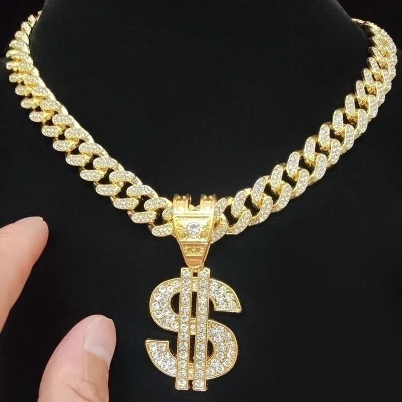 Men Women Hip Hop Dollar  Pendant Necklace with 13mm Cuban Chain Hiphop Iced out pendants Necklaces Fashion Punk Jewelry Gifts