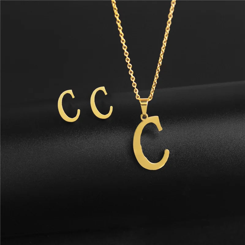 A-Z 26 charm Initial Necklace And Stud Earrings Jewelry Sets Alphabet Pendant Chain Letter mom Gifts Drop Shipping