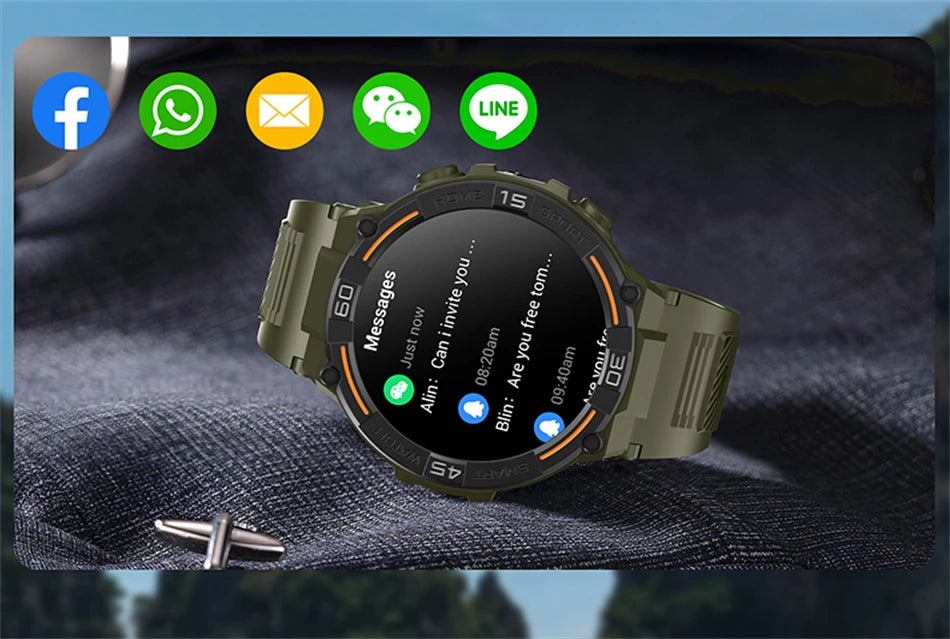 Smartwatch Military Men 360*360 HD Screen Flashlight Health Monitoring Waterproof Heart Rate BT Call Smart Watch For Android IOS