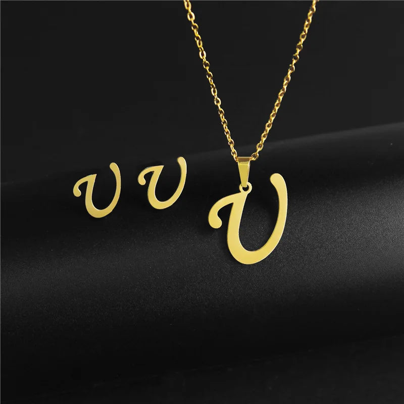 A-Z 26 charm Initial Necklace And Stud Earrings Jewelry Sets Alphabet Pendant Chain Letter mom Gifts Drop Shipping