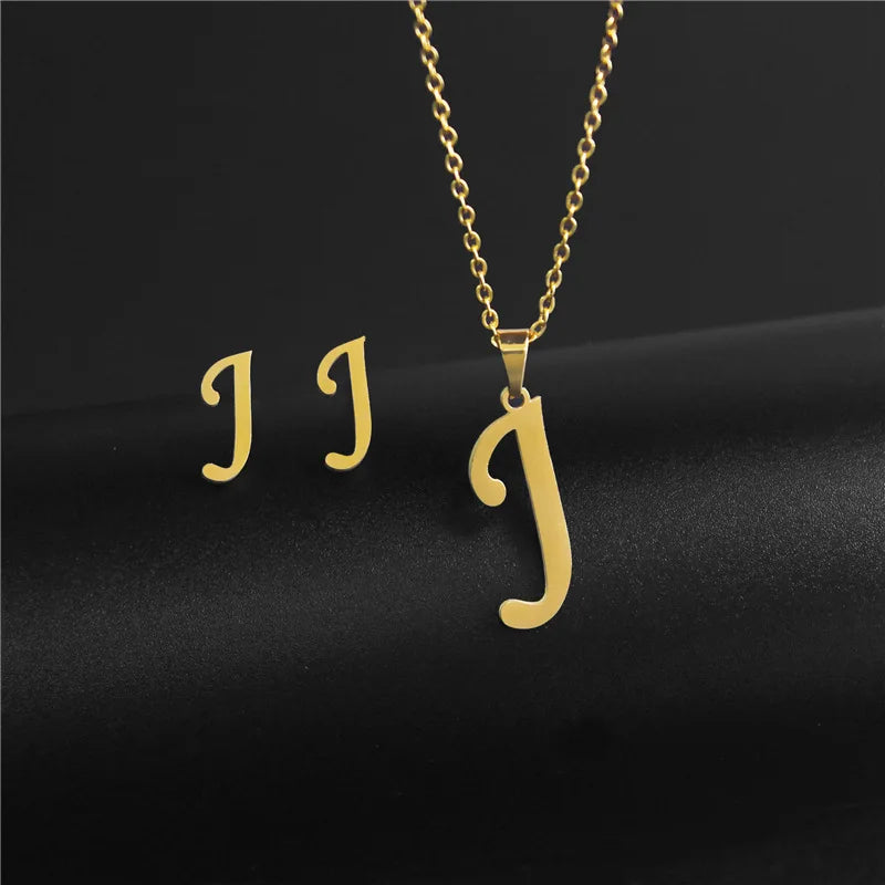 A-Z 26 charm Initial Necklace And Stud Earrings Jewelry Sets Alphabet Pendant Chain Letter mom Gifts Drop Shipping