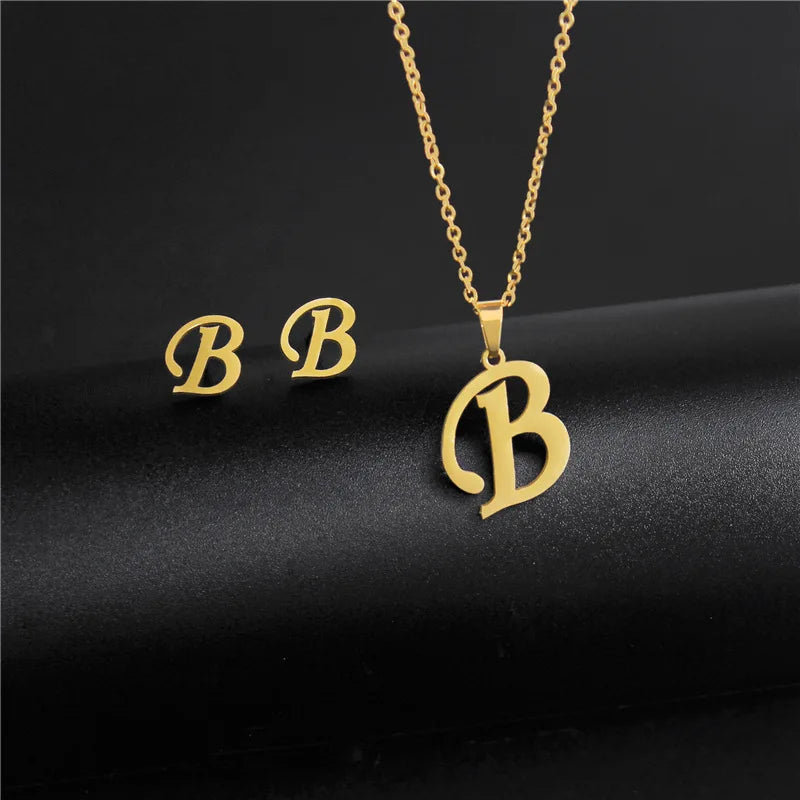 A-Z 26 charm Initial Necklace And Stud Earrings Jewelry Sets Alphabet Pendant Chain Letter mom Gifts Drop Shipping