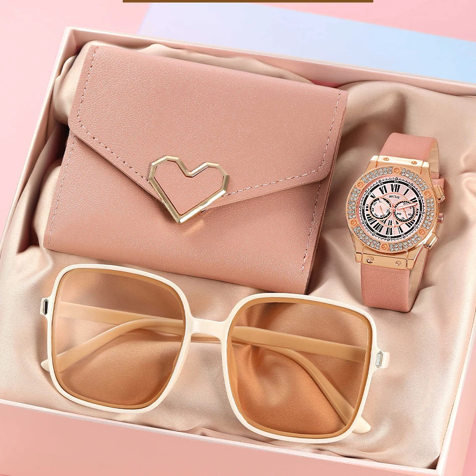 3PCS Set Women Casual Leather Watches Quartz Wristwatches & Ladies Heart Bow Wallet Glasses Sunglasses Clock Montre Femme