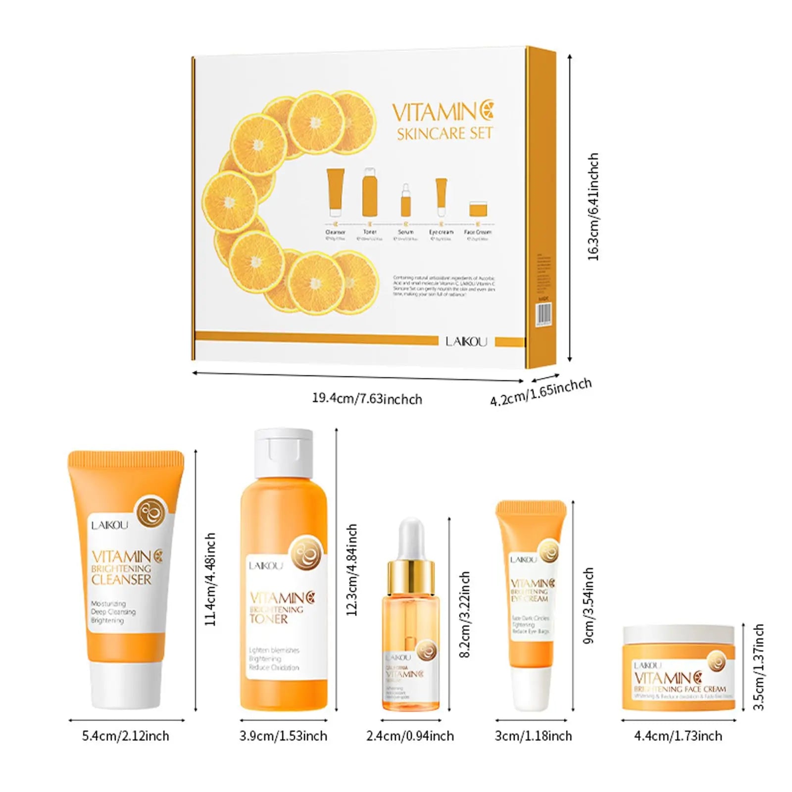 Vitamin C Skin Care Set - 5-Piece Travel Size Kit for Gentle Skin Cleaning - Cleanser, Toner, Serum, Eye Cream and Face Cream