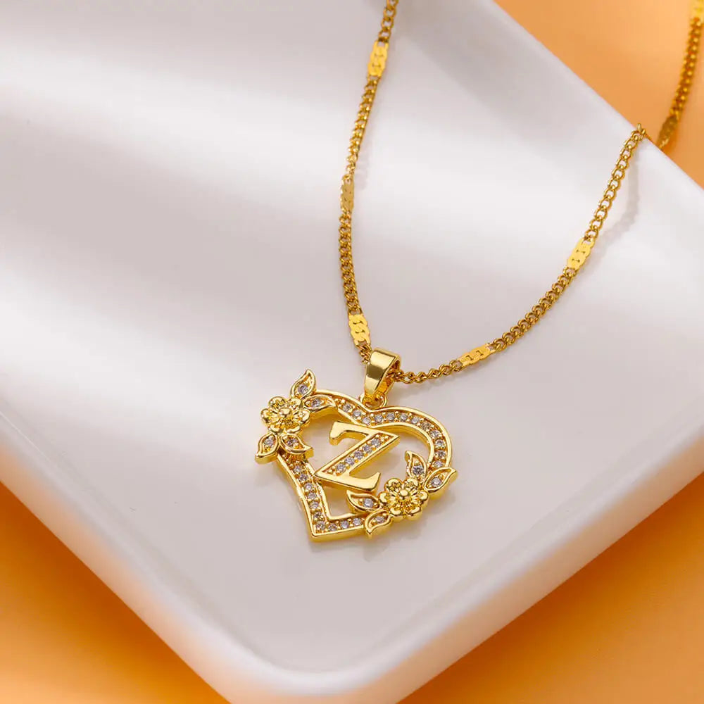 Zircon Flower Heart Initials Necklaces For Women Stainless Steel Heart Lover Gold Color Letter Chain Collar Necklace Jewelry