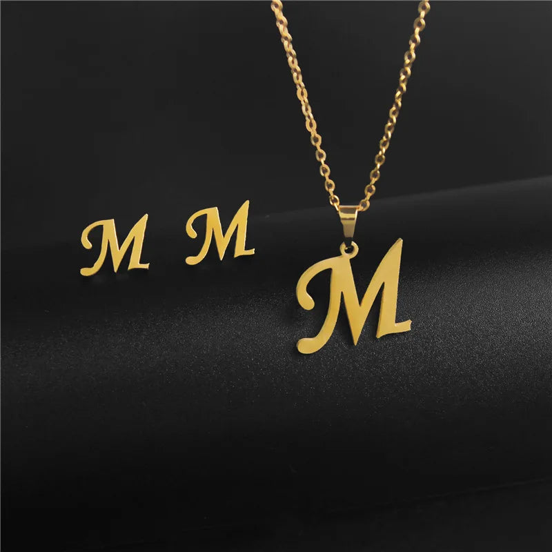 A-Z 26 charm Initial Necklace And Stud Earrings Jewelry Sets Alphabet Pendant Chain Letter mom Gifts Drop Shipping