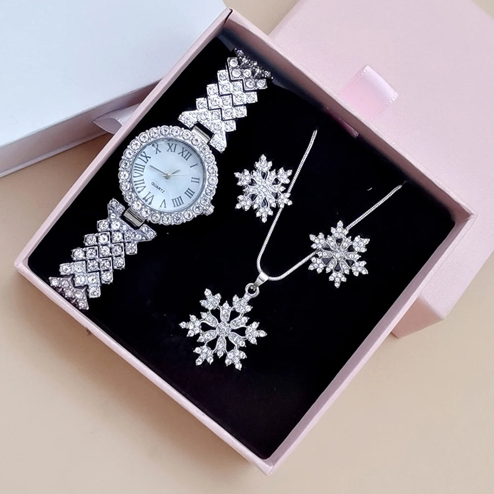 Luxury Rhinestone Watch Fashion Women Quartz Watches With Crystal Snowflake Jewelry Set Earrings Necklace Female Clock With Box