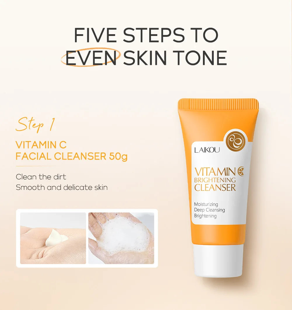 Vitamin C Skin Care Set - 5-Piece Travel Size Kit for Gentle Skin Cleaning - Cleanser, Toner, Serum, Eye Cream and Face Cream