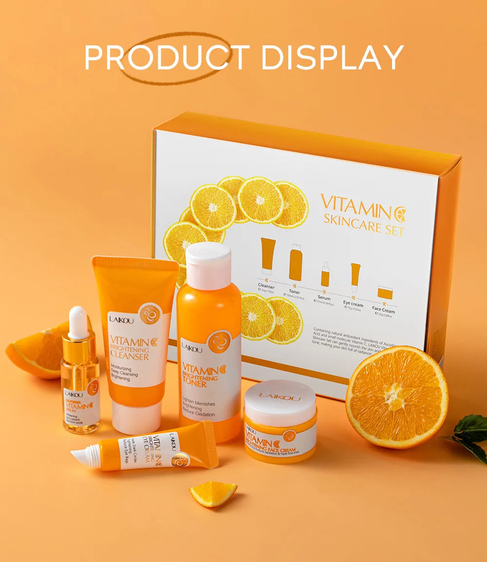 Vitamin C Skin Care Set - 5-Piece Travel Size Kit for Gentle Skin Cleaning - Cleanser, Toner, Serum, Eye Cream and Face Cream