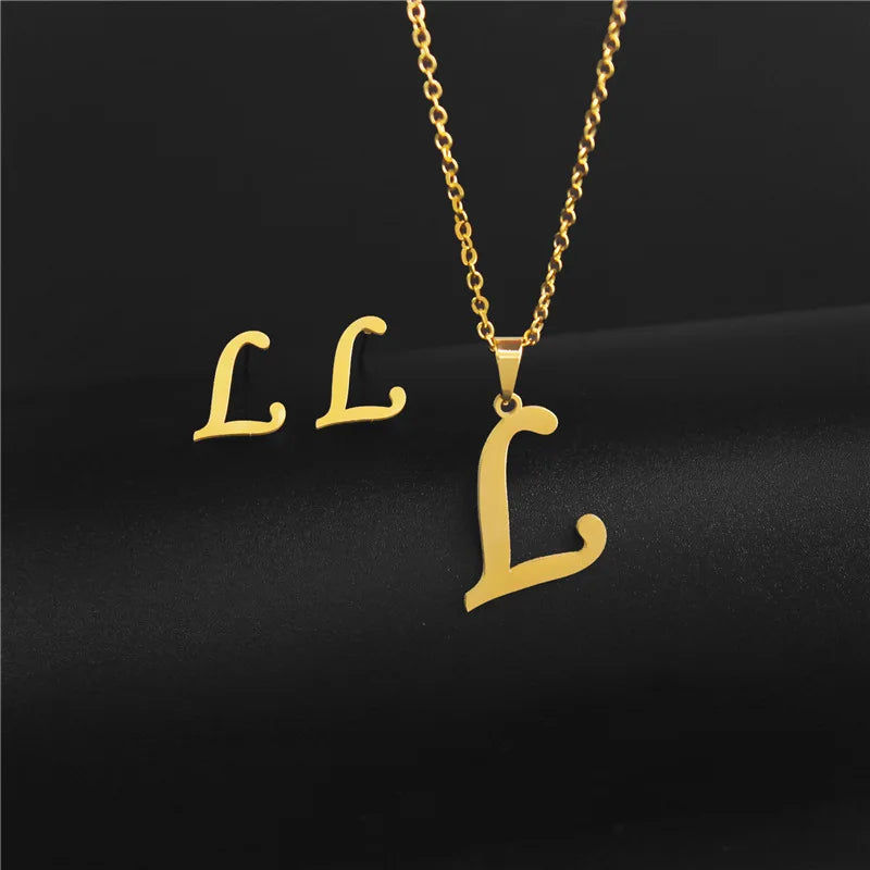 A-Z 26 charm Initial Necklace And Stud Earrings Jewelry Sets Alphabet Pendant Chain Letter mom Gifts Drop Shipping