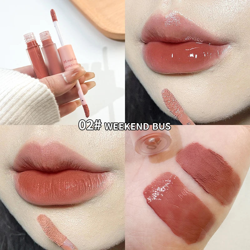 Double Headed Lip Gloss Waterproof Moisturizing Durable Mist Matte Velvet Mirror Lip Gloss Cosmetics