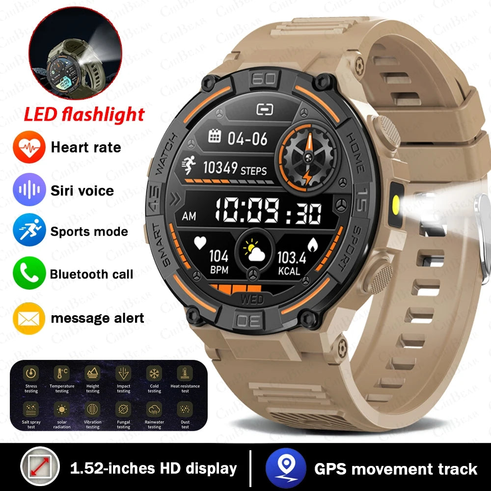 Smartwatch Military Men 360*360 HD Screen Flashlight Health Monitoring Waterproof Heart Rate BT Call Smart Watch For Android IOS