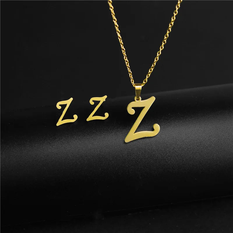 A-Z 26 charm Initial Necklace And Stud Earrings Jewelry Sets Alphabet Pendant Chain Letter mom Gifts Drop Shipping