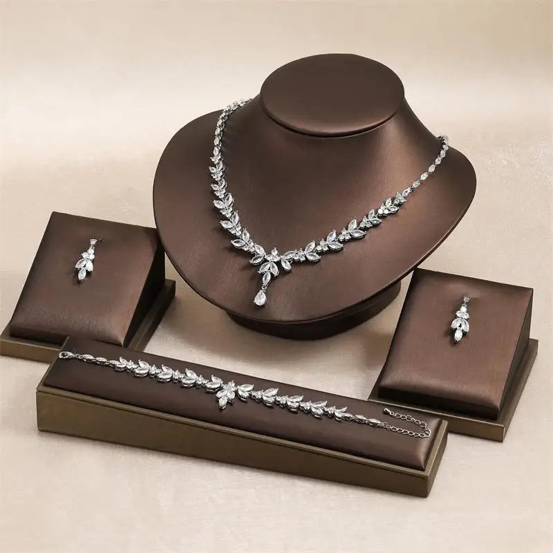 RAKOL Luxury Necklace Earring Set For Women AAA+ Zircon New Flower Leaf Fashion Bridal Wedding Party Charm Jewelry Set