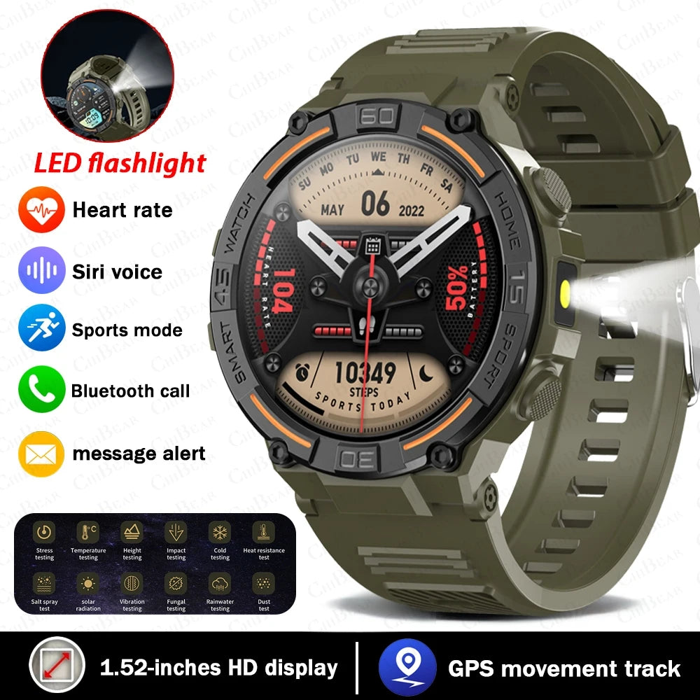 Smartwatch Military Men 360*360 HD Screen Flashlight Health Monitoring Waterproof Heart Rate BT Call Smart Watch For Android IOS