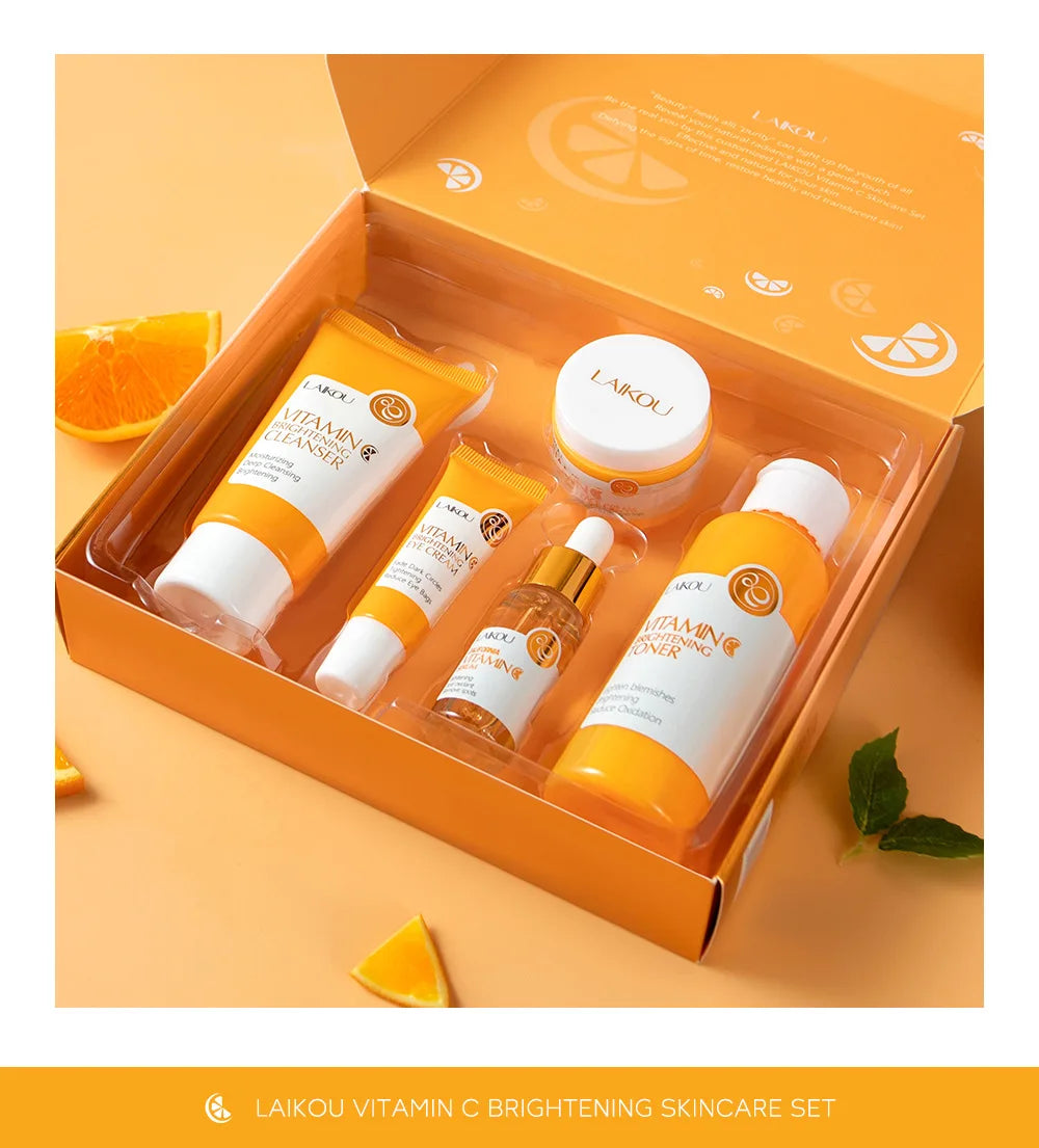 Vitamin C Skin Care Set - 5-Piece Travel Size Kit for Gentle Skin Cleaning - Cleanser, Toner, Serum, Eye Cream and Face Cream