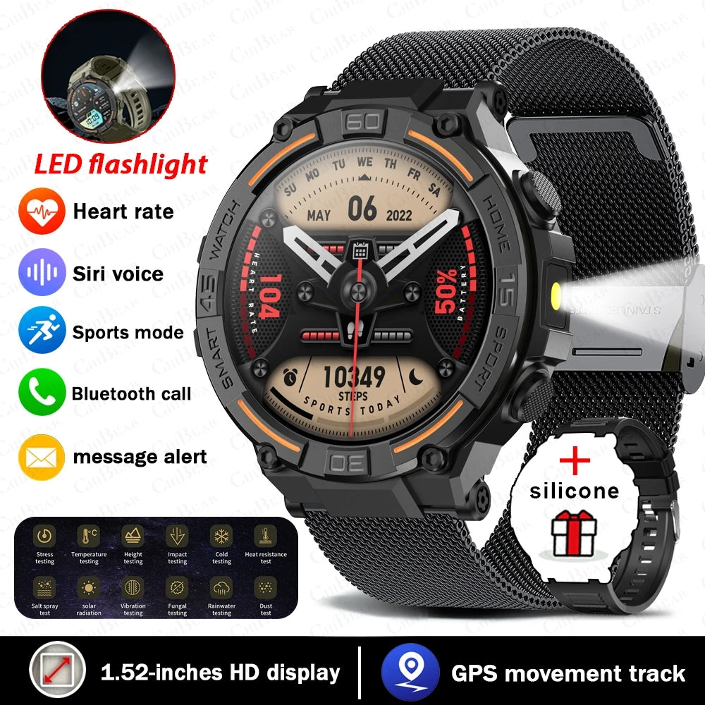 Smartwatch Military Men 360*360 HD Screen Flashlight Health Monitoring Waterproof Heart Rate BT Call Smart Watch For Android IOS