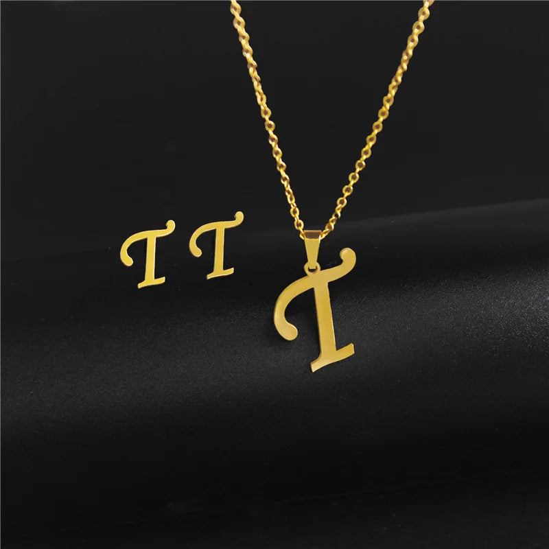 A-Z 26 charm Initial Necklace And Stud Earrings Jewelry Sets Alphabet Pendant Chain Letter mom Gifts Drop Shipping