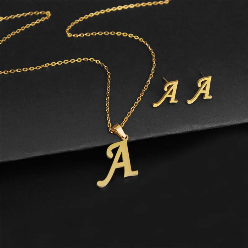 A-Z 26 charm Initial Necklace And Stud Earrings Jewelry Sets Alphabet Pendant Chain Letter mom Gifts Drop Shipping