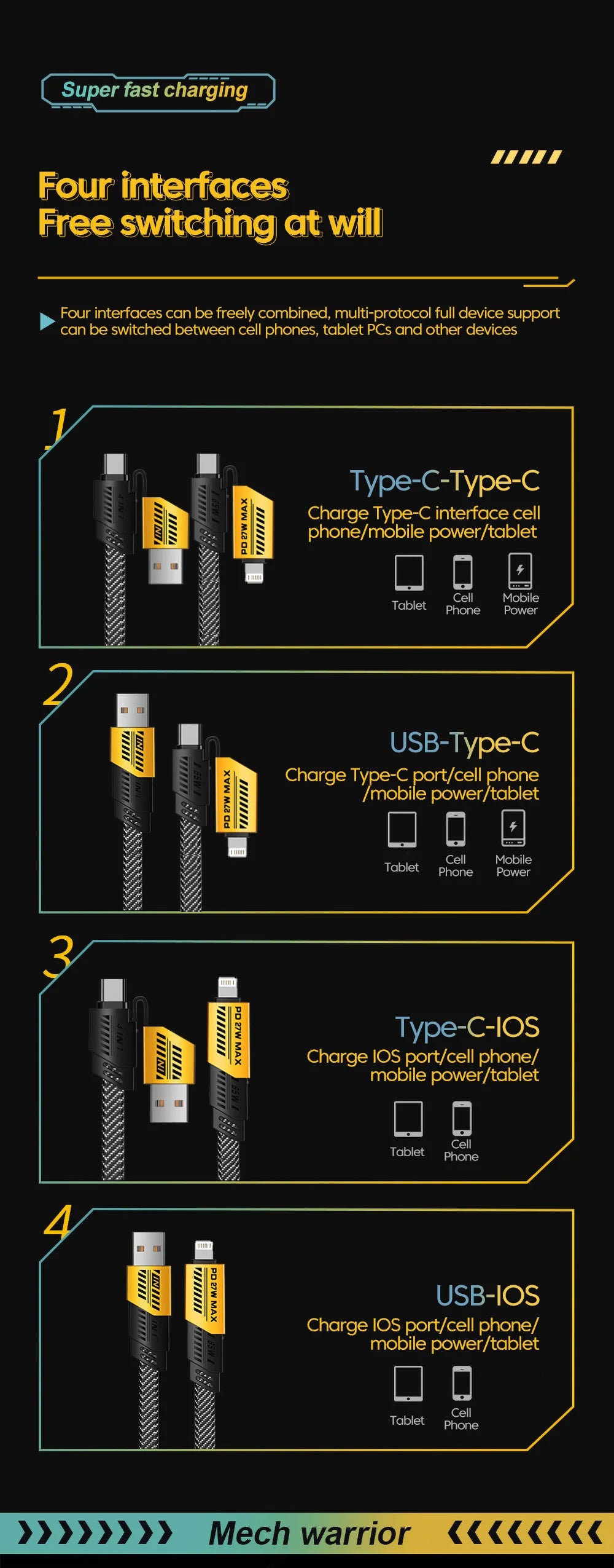 4-in-1 Multifunctional 65W Fast Data Cable 6A Mobile Charging Cable Suitable For iPhone Huawei Samsung And Xiaomi