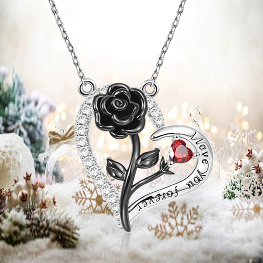 Romantic Heart Shaped Rose Pendant Necklace Red and White Rhinestone Women's Necklace Exquisite Jewelry Valentine's Day Gifts