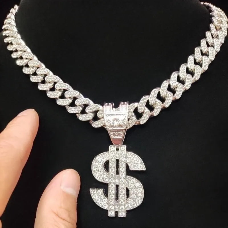 Men Women Hip Hop Dollar  Pendant Necklace with 13mm Cuban Chain Hiphop Iced out pendants Necklaces Fashion Punk Jewelry Gifts