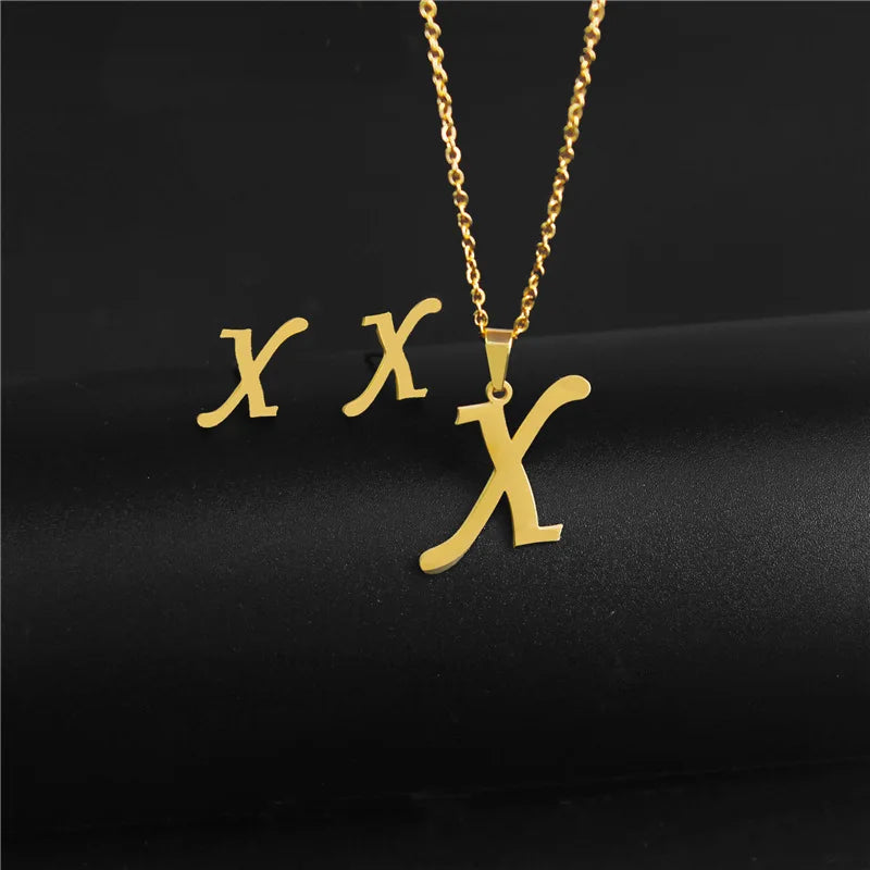 A-Z 26 charm Initial Necklace And Stud Earrings Jewelry Sets Alphabet Pendant Chain Letter mom Gifts Drop Shipping