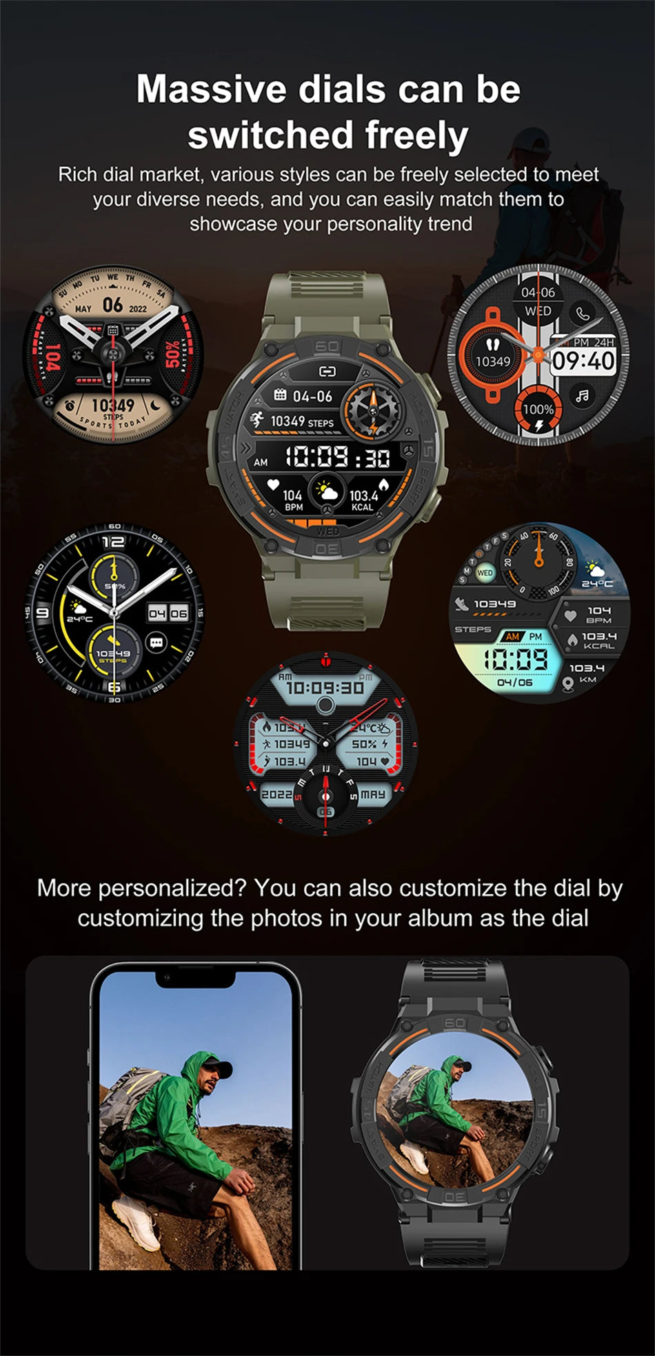 Smartwatch Military Men 360*360 HD Screen Flashlight Health Monitoring Waterproof Heart Rate BT Call Smart Watch For Android IOS