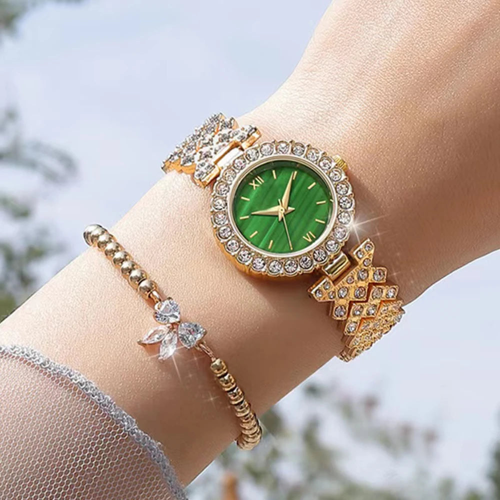 Luxury Rhinestone Watch Fashion Women Quartz Watches With Crystal Snowflake Jewelry Set Earrings Necklace Female Clock With Box