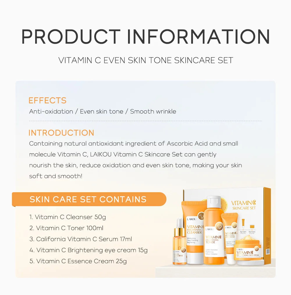 Vitamin C Skin Care Set - 5-Piece Travel Size Kit for Gentle Skin Cleaning - Cleanser, Toner, Serum, Eye Cream and Face Cream