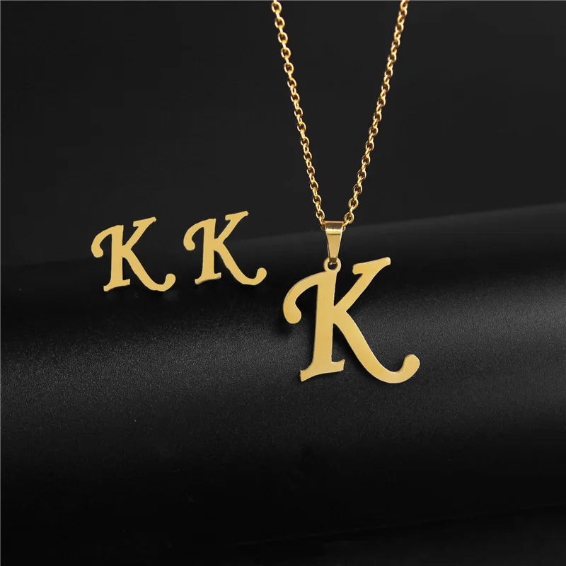 A-Z 26 charm Initial Necklace And Stud Earrings Jewelry Sets Alphabet Pendant Chain Letter mom Gifts Drop Shipping