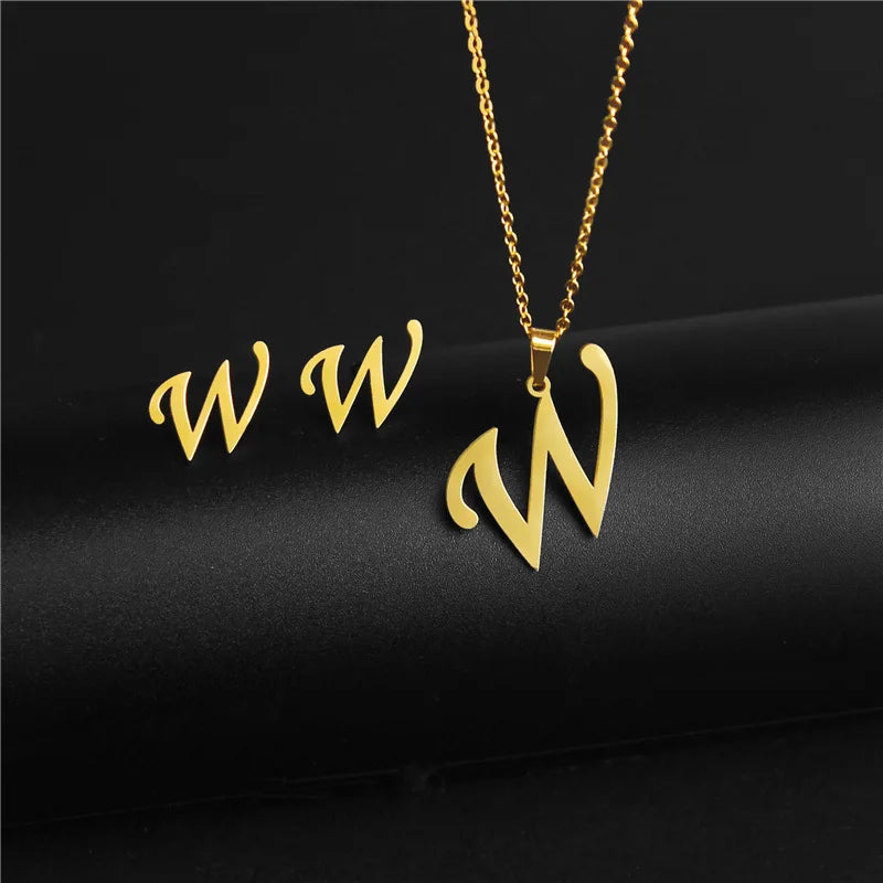 A-Z 26 charm Initial Necklace And Stud Earrings Jewelry Sets Alphabet Pendant Chain Letter mom Gifts Drop Shipping