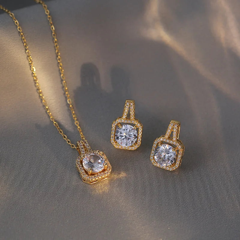 Fashion Square Zircon Necklace Earrings Ring Set For Women Luxury Wedding Engagement Jewelry Set Shining Party Jewelry Gifts