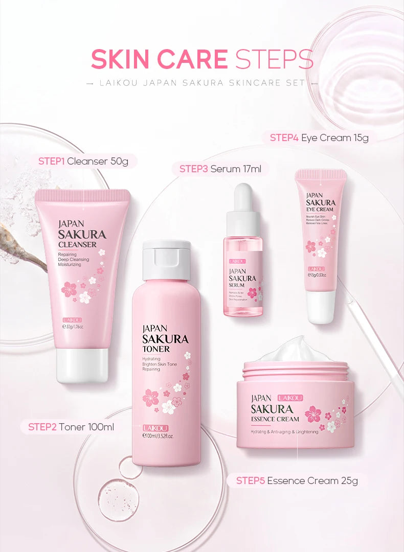 LAIKOU Japan Sakura Skin Care Set Serum Rejuvenating Cream Glowing Moisturizer Fade Blemishes 5pcs