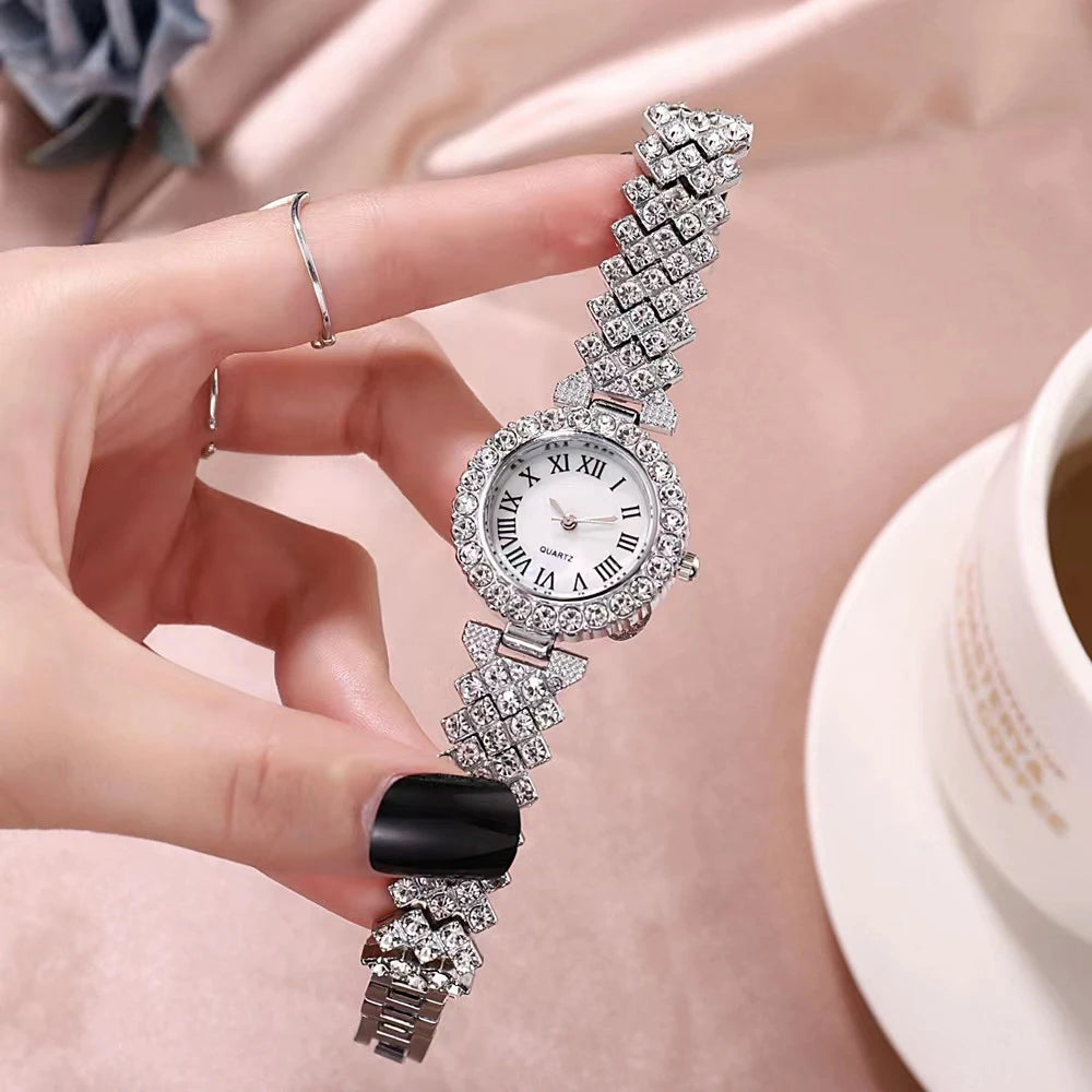 Luxury Rhinestone Watch Fashion Women Quartz Watches With Crystal Snowflake Jewelry Set Earrings Necklace Female Clock With Box