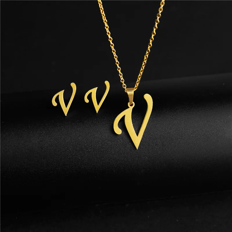 A-Z 26 charm Initial Necklace And Stud Earrings Jewelry Sets Alphabet Pendant Chain Letter mom Gifts Drop Shipping