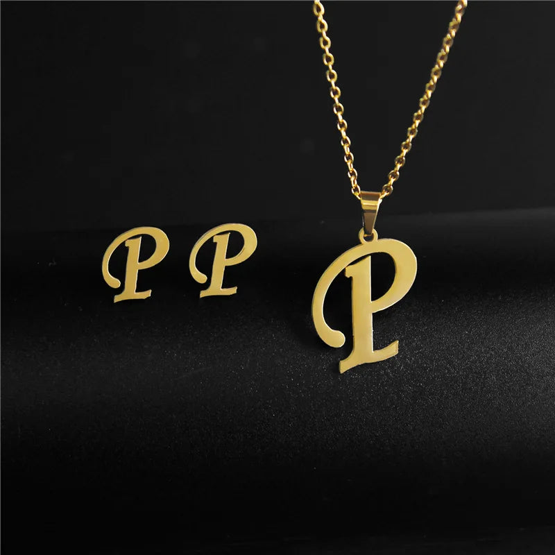 A-Z 26 charm Initial Necklace And Stud Earrings Jewelry Sets Alphabet Pendant Chain Letter mom Gifts Drop Shipping